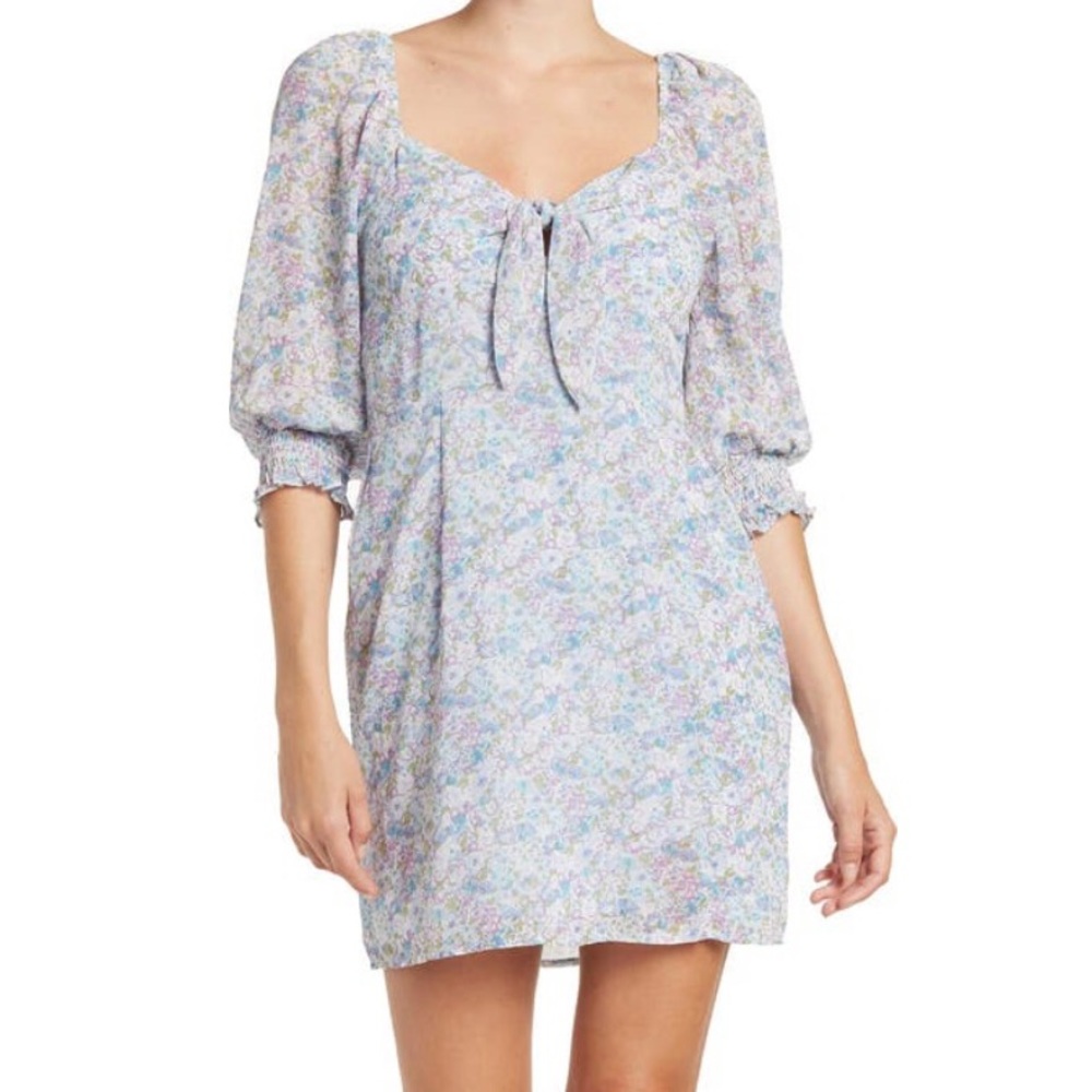 LUSH tie front smocked sleeve mini dress floral spring puff half sleeve cute NWT